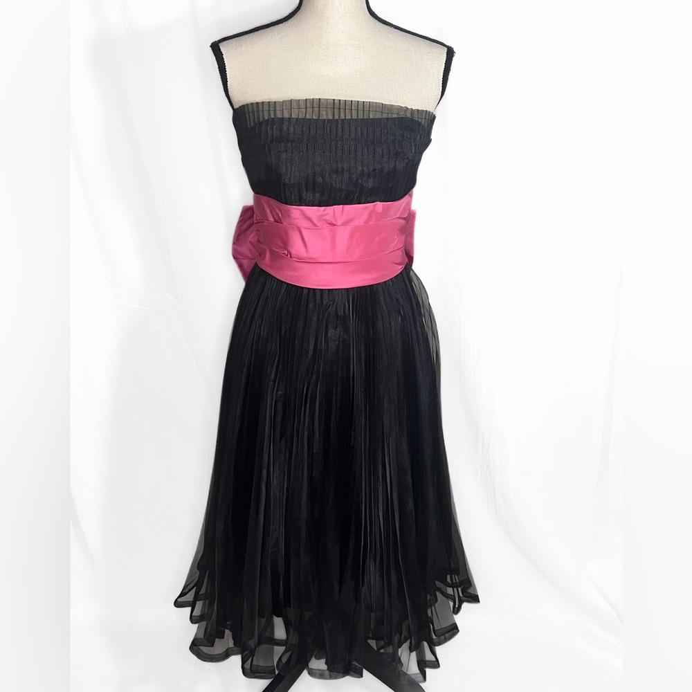Betsy Johnson Black Taffeta Strapless Mini Dress with pink bow NWT Size 6